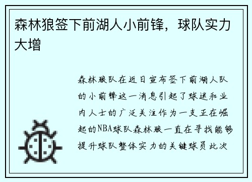 森林狼签下前湖人小前锋，球队实力大增